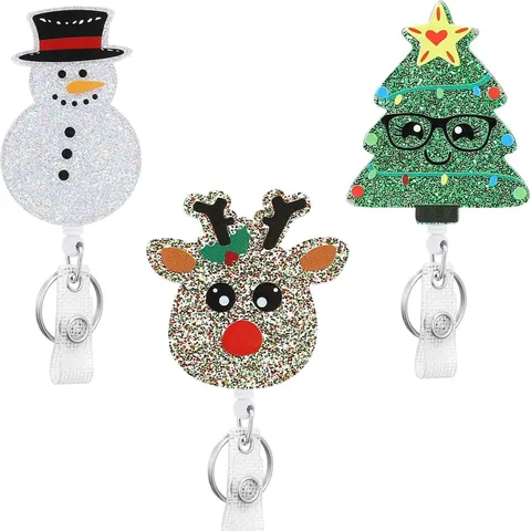 Christmas Acrylic Glitter Retractable Badge Reel Snowman Reindeer Tree Shimmering Id Card Holder Extending Key Ring Office Supply