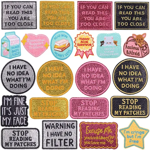 Glitter Embroidered Patch Funny Slogan Cartoon Heart Star Polyester Embroidered Badge For Bags Clothing Phone Case Decoration
