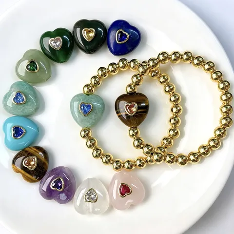 Naturstein Herz Anhänger Für DIY Schmuckherstellung Gold Perlen Armband Für Damen Zirkonia Herz Charm Armband Mode Schmuck Geschenk