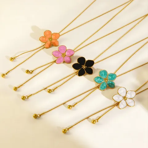 304 Stainless Steel Flower Pendant Necklace For Women 18K Gold Plated Enamel Oil Drop Lariat Y-Shaped Chain Necklace Party Jewelry