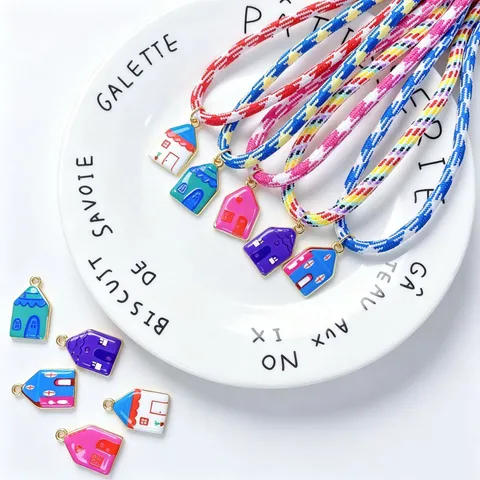 Minimalist Copper Enamel House Pendant Necklace Multicolor Geometric Glazed Jewelry Charm For Women Handmade DIY Earring Accessory