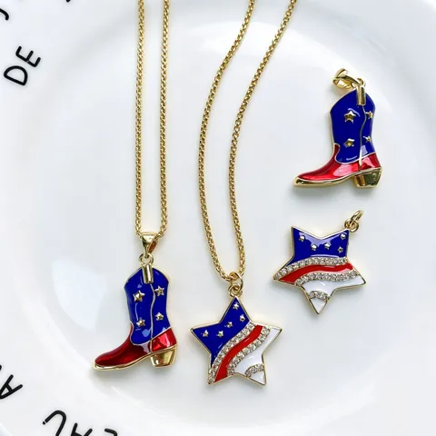 Collana con Pendente a Stella e Stivali da Cowboy Bandiera USA Giorno dell'Indipendenza Gioielli Patriottici in Rame e Zirconia per Donna