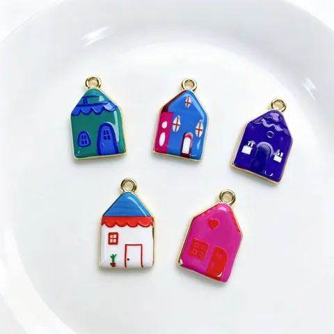 Minimalist Copper Enamel House Pendant Necklace Multicolor Geometric Glazed Jewelry Charm For Women Handmade DIY Earring Accessory