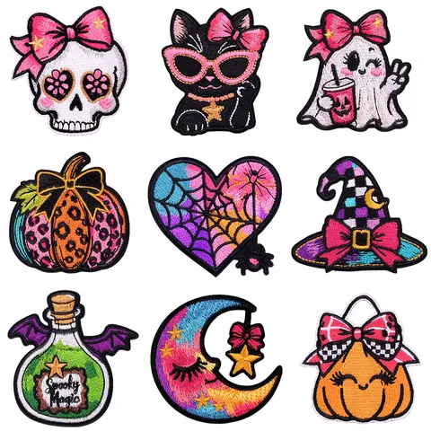 Halloween Cartoon Embroidered Patches For Clothing DIY Ghost Pumpkin Hat Heart Spider Web Iron On Patches Sew On Applique Accessories