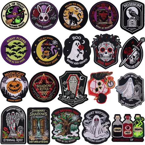 Halloween Gothic Punk Embroidered Patches Ghost Pumpkin Bat Skull Embroidered Badge Applique For Clothing Hats Bags DIY Decoration