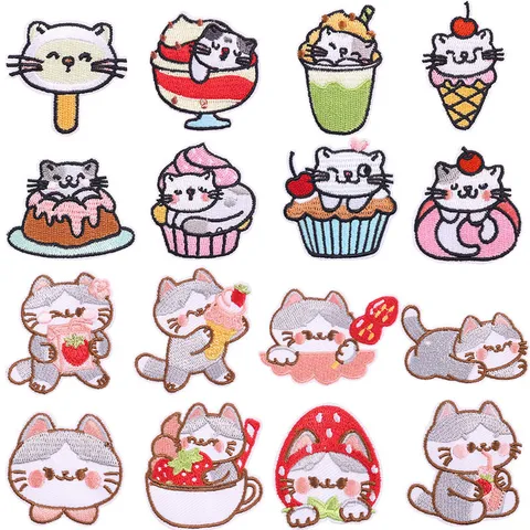 Cute Cartoon Cat Embroidered Patches For Clothing DIY Iron On Patches Sweet Dessert Cake Strawberry Ice Cream Animal Patches Polyester Sewing Accessory