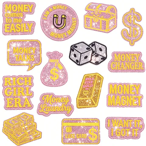 Pink Glitter Embroidery Patches Dollar Sign Money Theme Iron On Patches For Clothing Hats Bags DIY Alphabet Decoration Patch