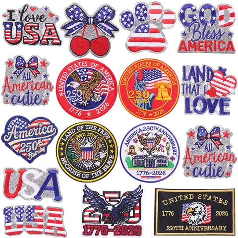 US Independence Day 250th Anniversary Embroidered Patches Glitter Silver American Flag Eagle Iron On Patch For Clothing Bags Decoration