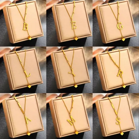Stainless Steel Initial Letter Bracelet For Women 18K Gold Plated Titanium Steel Y-Chain Bracelet Geometric Cube Pendant Luxury Jewelry