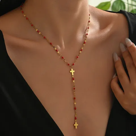 Collana con Ciondolo a Croce in Goccia d Olio Acciaio Inossidabile 304 Stile Resort Placcato Oro Doppia Croce Gioielli Donna