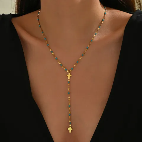 Collana con Ciondolo a Croce in Goccia d Olio Acciaio Inossidabile 304 Stile Resort Placcato Oro Doppia Croce Gioielli Donna