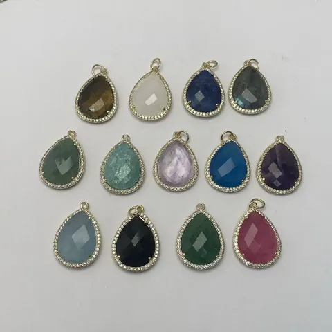 Vintage Tropfen Naturstein Anhänger Strass Eingelegt Vergoldet DIY Schmuck Zubehör Für Damen Amethyst Tigerauge Halskette Herstellung