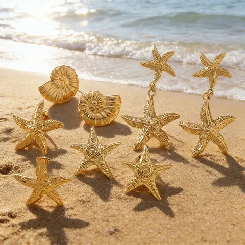 Stainless Steel Ocean Series Earrings For Women Gold Plated Starfish Shell Conch Seashell Stud Earrings Vacation Jewelry