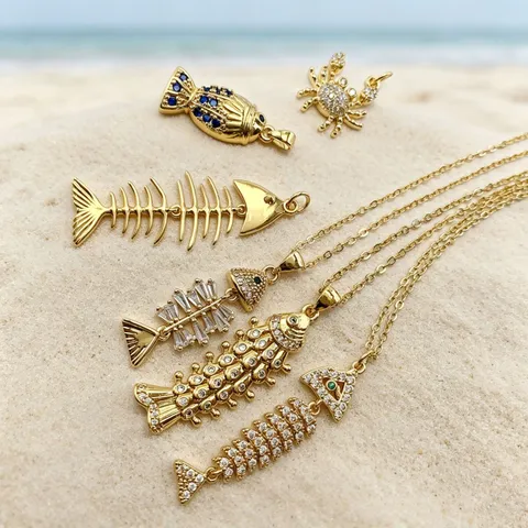 Copper Zirconia Ocean Series Fish Bone Crab Pendant Necklace Gold Plated Flexible Multi-jointed Fish DIY Jewelry Accessories