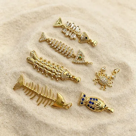 Copper Zirconia Ocean Series Fish Bone Crab Pendant Necklace Gold Plated Flexible Multi-jointed Fish DIY Jewelry Accessories