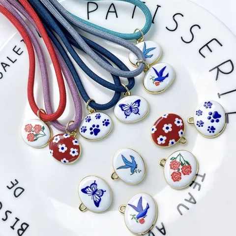 Vintage Enamel Painted Oval Pendant Necklace For Women Copper Floral Butterfly Swallow Cat Paw Jewelry DIY Accessories