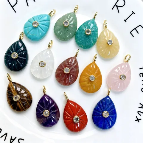Natural Stone Crystal Water Drop Pendant Zirconia Inlaid Gemstone Pendant For DIY Necklace Accessories Minimalist Jewelry Gift For Women