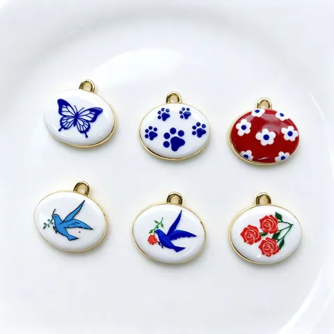 Vintage Enamel Painted Oval Pendant Necklace For Women Copper Floral Butterfly Swallow Cat Paw Jewelry DIY Accessories