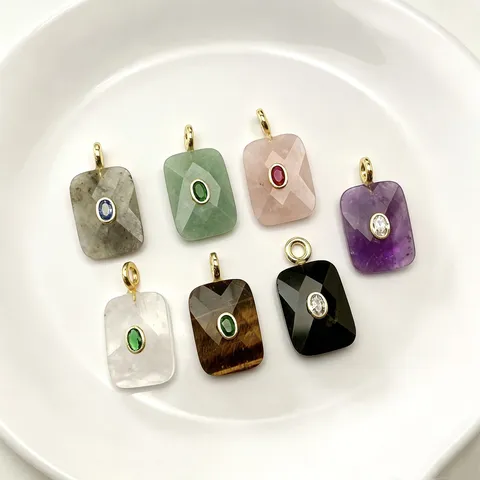 Colgante Rectangular de Cristal de Piedra Natural Con Incrustación de Circonia Bañado en Oro Accesorio de Joyería de Moda para Mujer