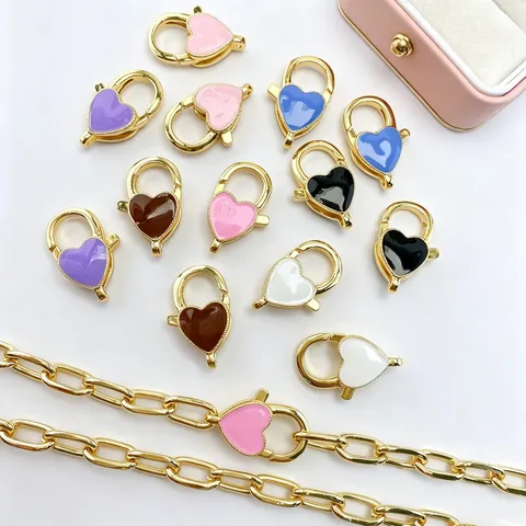 Fermoir Mousqueton en Forme de Cœur Cuivre Émail Fermoir à Ressort Connecteur de Bijoux DIY pour Collier Bracelet