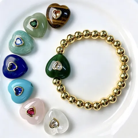 Naturstein Herz Anhänger Für DIY Schmuckherstellung Gold Perlen Armband Für Damen Zirkonia Herz Charm Armband Mode Schmuck Geschenk