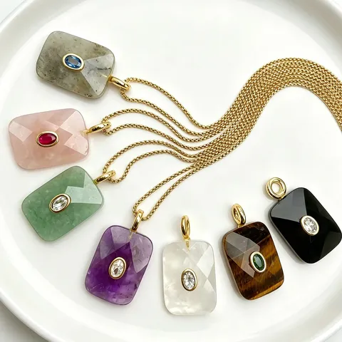 Colgante Rectangular de Cristal de Piedra Natural Con Incrustación de Circonia Bañado en Oro Accesorio de Joyería de Moda para Mujer