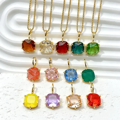 18K Gold Plated Copper Square Zirconia Pendant DIY Jewelry Accessories Colorful Gemstone Charm Pendant For Women