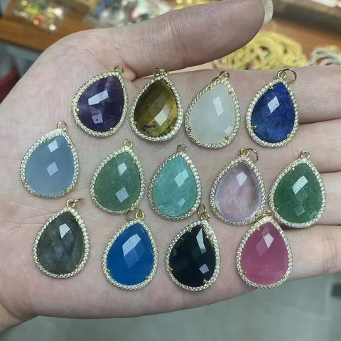 Vintage Tropfen Naturstein Anhänger Strass Eingelegt Vergoldet DIY Schmuck Zubehör Für Damen Amethyst Tigerauge Halskette Herstellung