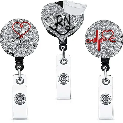 Retractable Badge Reel Stethoscope Nurse Hat ECG Design Rhinestone ID Holder Cute Medical Office Accessories