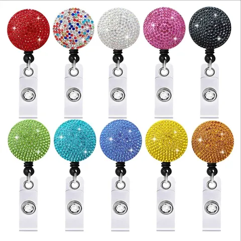 Uittrekbare Badge Reel ID Kaarthouder Ronde Kleurrijke Strass Badge Reel Met Draaibare Krokodillenclip Kantoor Schoolbenodigdheden