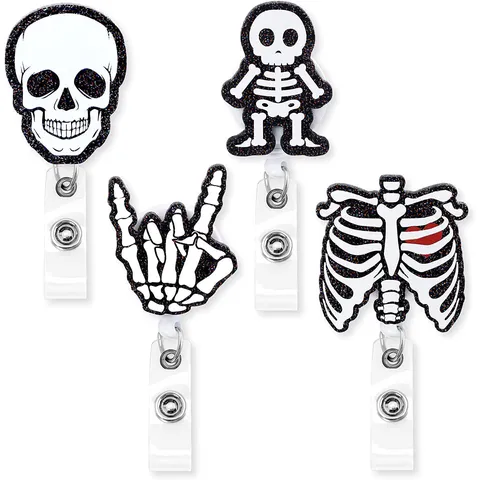 Glitter Acrylic Nurse Skeleton Retractable Badge Reel Cute Cartoon ID Card Holder Office School Badge Clip