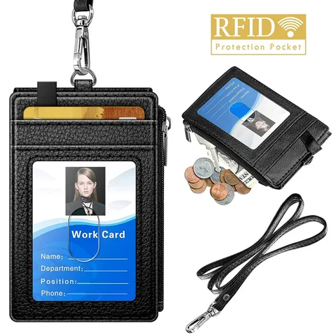 Portacredenciales de Cuero PU con Cordón Múltiples Ranuras para Tarjetas Bolsillo con Cremallera Estuche para Tarjeta de Identificación