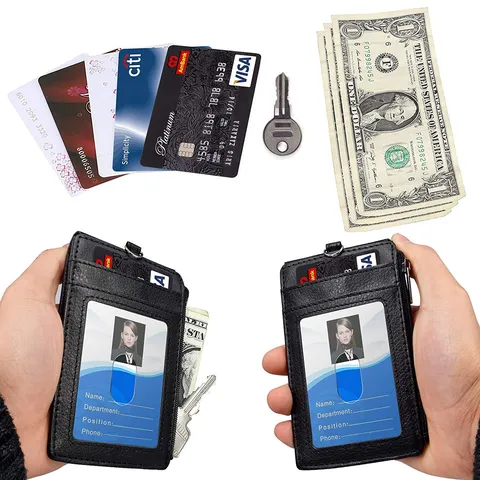 Portacredenciales de Cuero PU con Cordón Múltiples Ranuras para Tarjetas Bolsillo con Cremallera Estuche para Tarjeta de Identificación