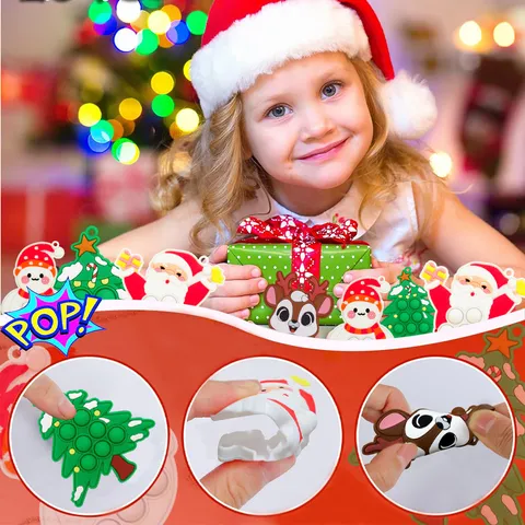 Kerst Siliconen Push Bubble Keychain Fidget Toy Kerstman Eland Boom Sneeuwman Stressverlichting Hanger Feestcadeau