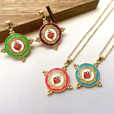 Vintage Künstlerisch Kupfer Emailliert Heiliges Herz Anhänger Halskette Rund Herz Bunt Palast Stil Schmuck Halsschmuck Für Unisex Geschenk