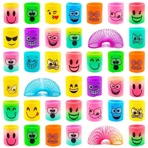 Colorful Plastic Magic Rainbow Spring Ring Fidget Toy Smiley Face Cartoon Expression Decompression Toy Kids Gift