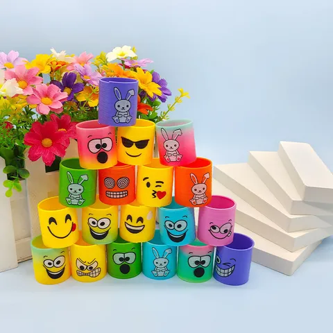 Colorful Plastic Magic Rainbow Spring Ring Fidget Toy Smiley Face Cartoon Expression Decompression Toy Kids Gift