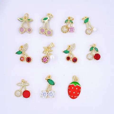 Fashion Copper Fruit Pendant Micro Inlaid Rhinestone Sweet Cherry Strawberry Hanging Charms With Artificial Pearl For DIY Necklace Jewelry Making Accessories