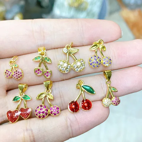 Fashion Cherry Pendant Copper Rhinestone Fruit Charm For DIY Jewelry Making Necklace Pendant Women Accessories Craft Finding