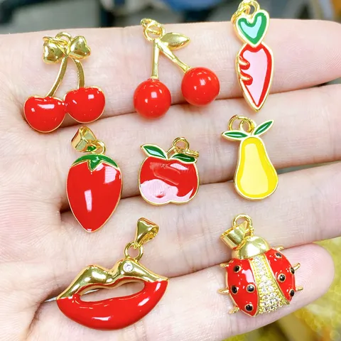 DIY Fruit Insect Charms Copper Electroplated Enamel Cherry Apple Strawberry Carrot Ladybug Rhinestone Pendants For Jewelry Making Keychain