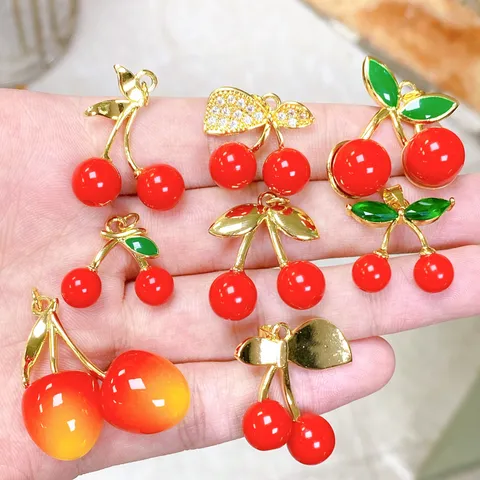 DIY Handcrafted Red Cherry Pendant Copper Rhinestone Fruit Charms For Earring Hair Accessory Jewelry Making Women Fashion Accessories