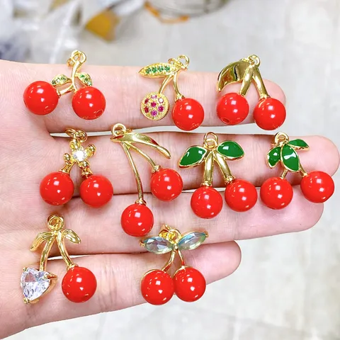 DIY Jewelry Accessories Simulation Cherry Alloy Drip Oil Pendant Agate Rhinestone Fruit Charms For Earrings Keychain Making