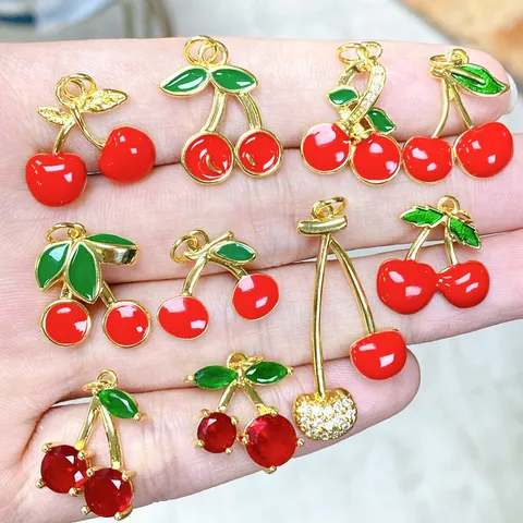 Cute 3D Cherry Copper Pendant Charm For DIY Necklace Handmade Jewelry Accessory Gold Red Enamel Rhinestone Fruit Pendant