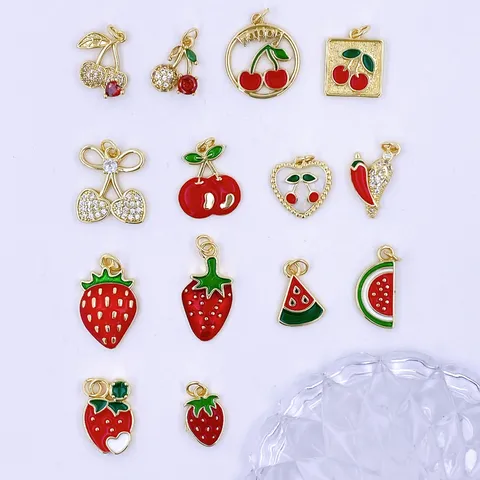 Sweet Pastoral Copper Fruit Series Cherry Pendant Charm For Women Rhinestone Enamel Strawberry Watermelon Pendant Necklace Accessory Jewelry Gift