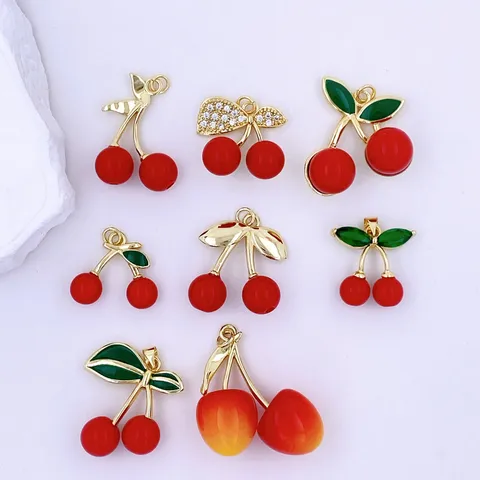 DIY Handcrafted Red Cherry Pendant Copper Rhinestone Fruit Charms For Earring Hair Accessory Jewelry Making Women Fashion Accessories