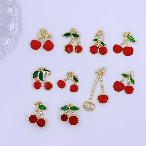 Cute 3D Cherry Copper Pendant Charm For DIY Necklace Handmade Jewelry Accessory Gold Red Enamel Rhinestone Fruit Pendant