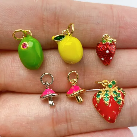 Copper Fruit Mushroom Charms DIY Pendants Rhinestone Enamel Strawberry Lemon Charms For Jewelry Making Bracelet Necklace Pendant Accessories