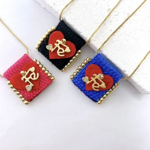 Handmade Woven Fabric Ribbon Square Pendant Necklace Copper Metal Letter Fe Heart Rhinestone Elements Personalized Charm Choker Jewelry Gift For Unisex Daily Wear
