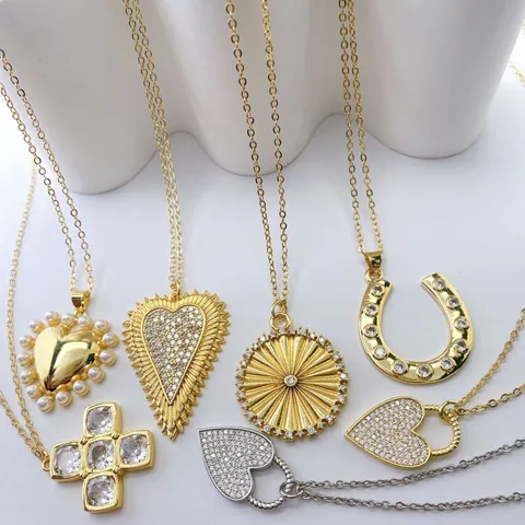 Copper Rhinestone Artificial Pearl Pendant Necklace Heart Cross Horseshoe Sun Round Pendant Jewelry DIY Findings For Women