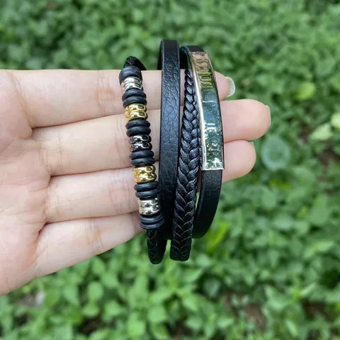 Herren Unisex Mehrlagiges Lederkordel Geflochtenes Seil Armband Kupfer Strass Geometrische Perle Magnetverschluss Manschette Handschmuck